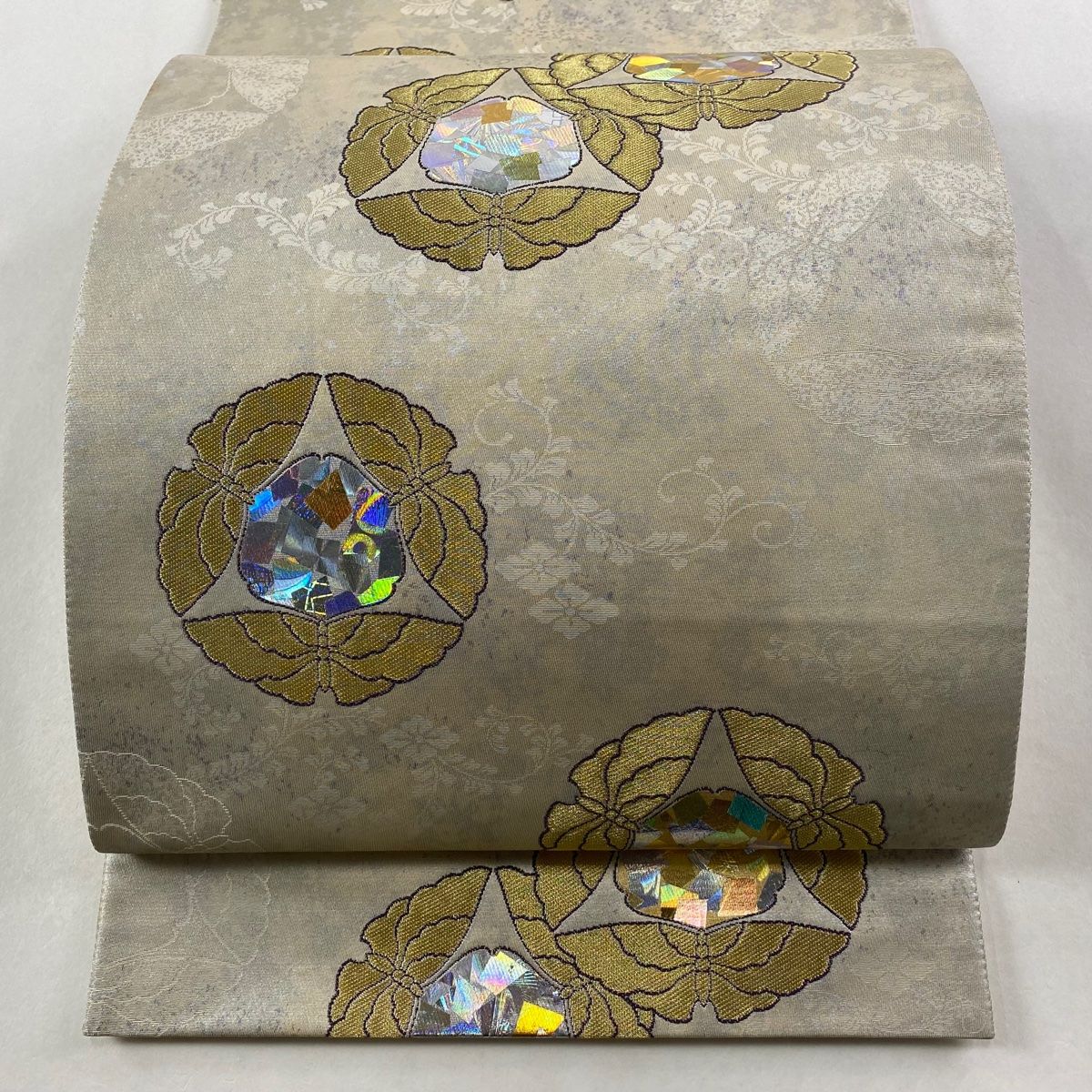 袋帯 堀省平 落款 蝶 金糸 箔 銀色 六通 正絹