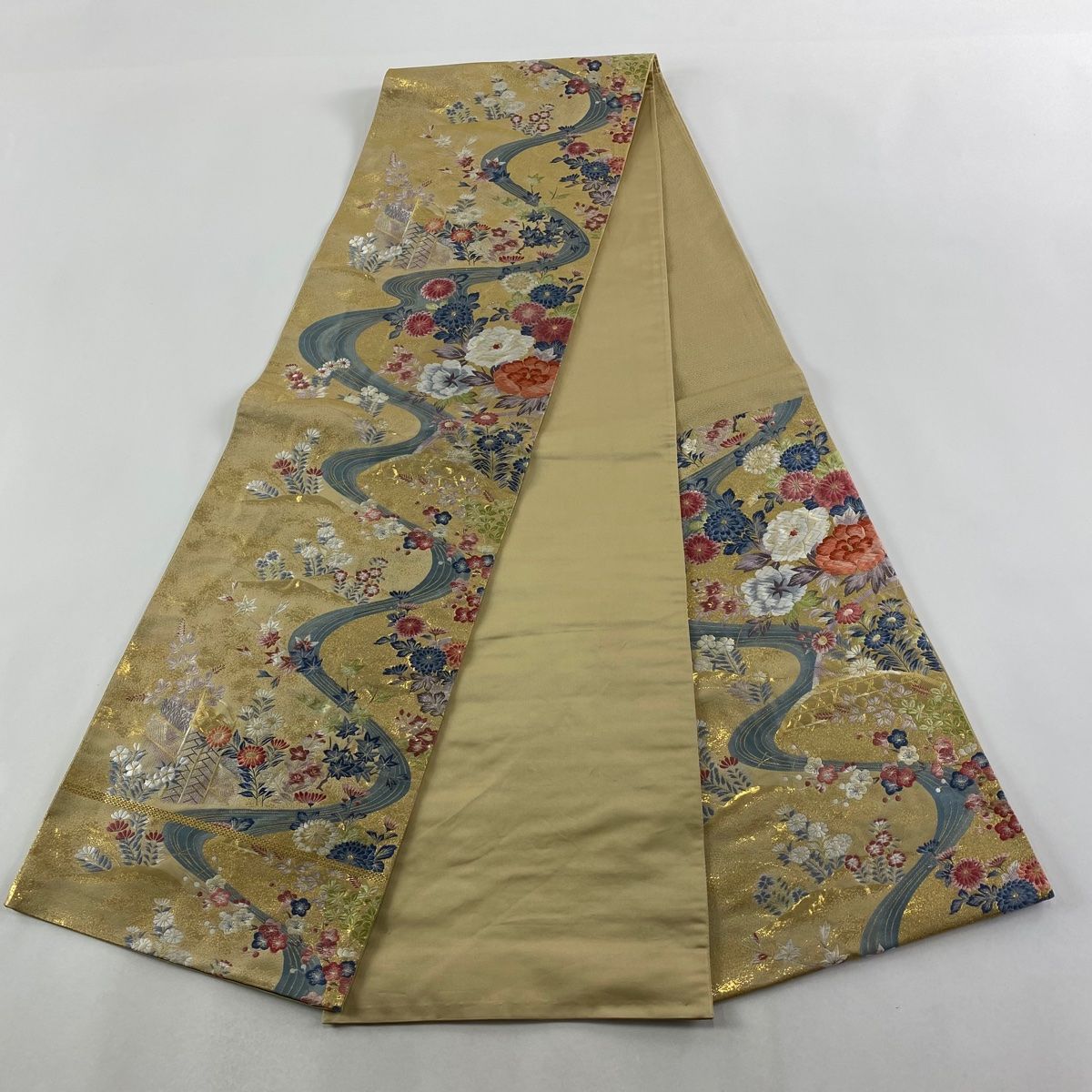  袋帯 となみ織物 落款 草花 流水 金糸 箔 ベージュ 六通 正絹 袋帯 帯