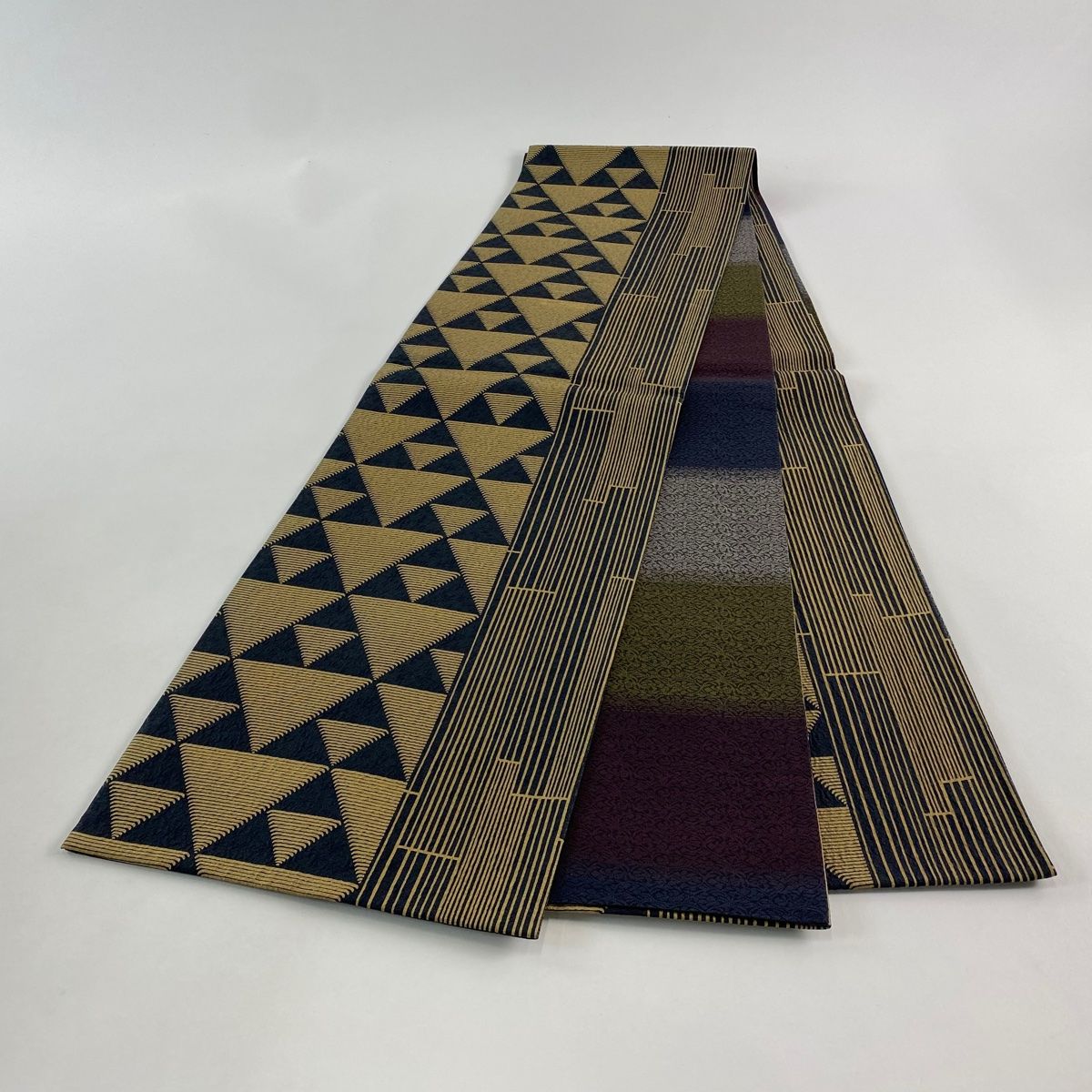  袋帯 鱗文 縞 金糸 濃紺 全通 正絹 袋帯 帯