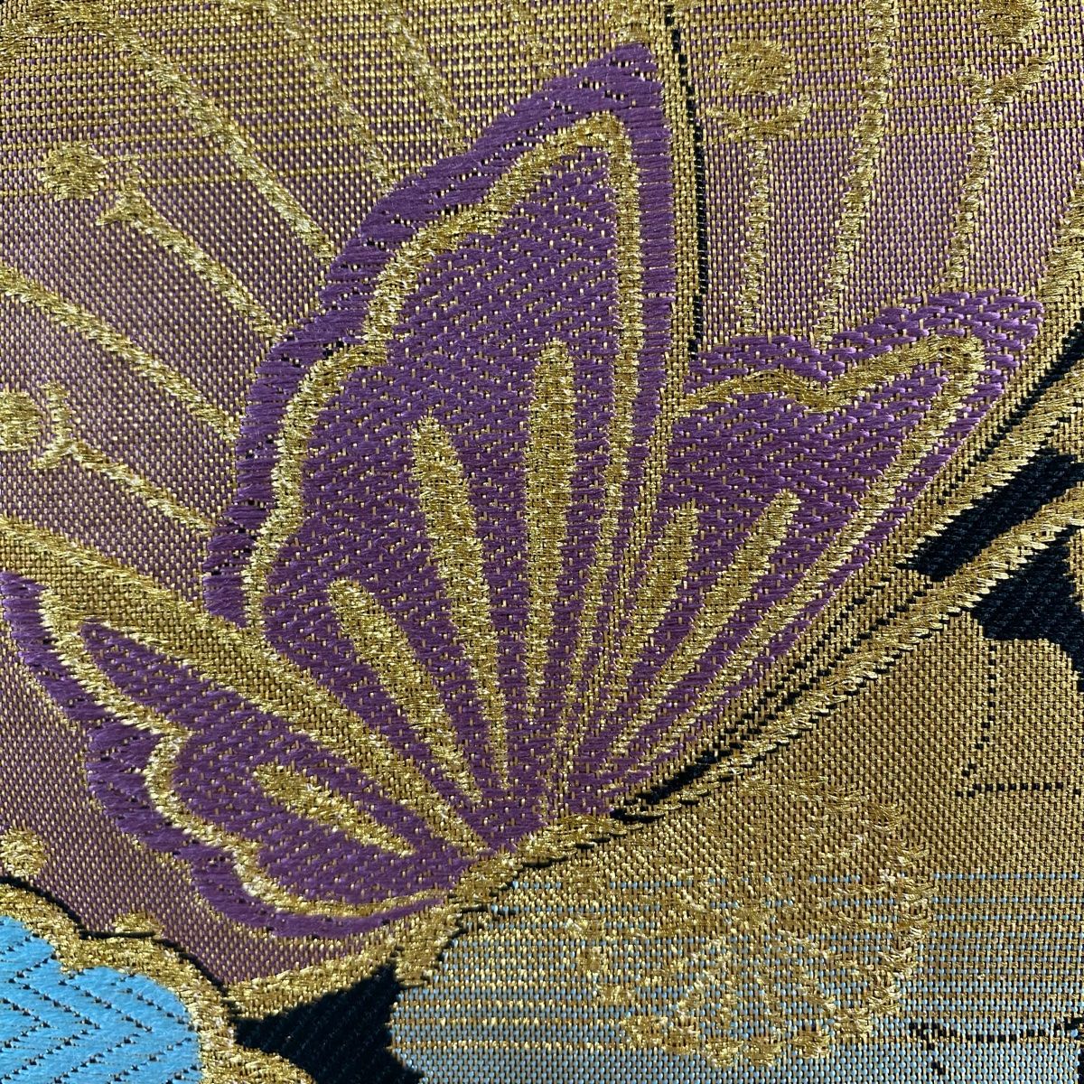 袋帯 蝶 桜 金糸 刺繍 黒 六通 正絹