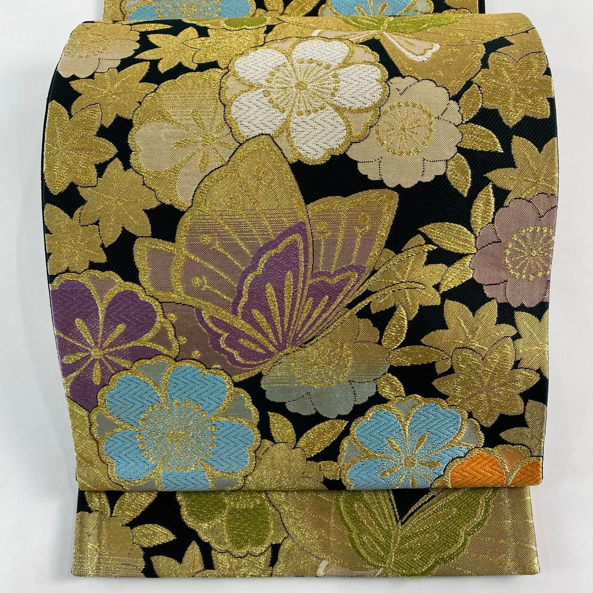 袋帯 蝶 桜 金糸 刺繍 黒 六通 正絹