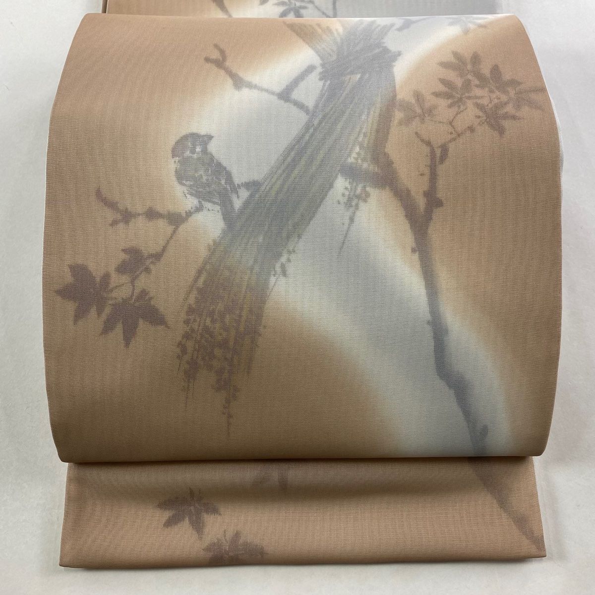 袋帯 夏帯 夏紬地 雀 楓 ぼかし 薄茶色 お太鼓柄 正絹