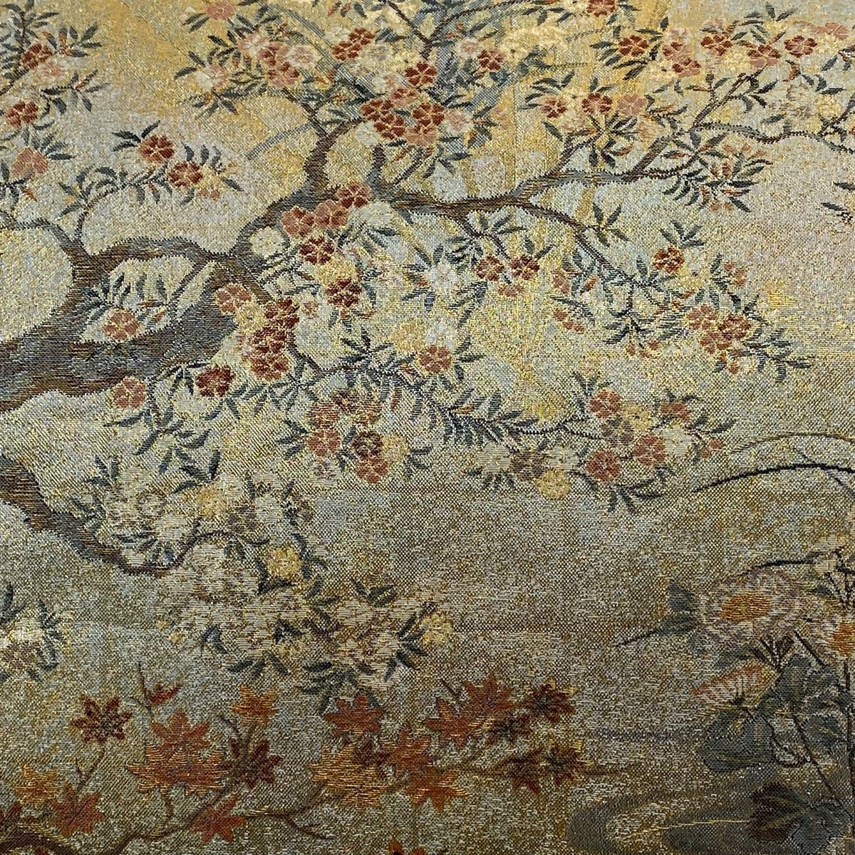 丸帯 桃山扇面屏風文 花鳥 箔 金糸 銀色 お太鼓柄 正絹