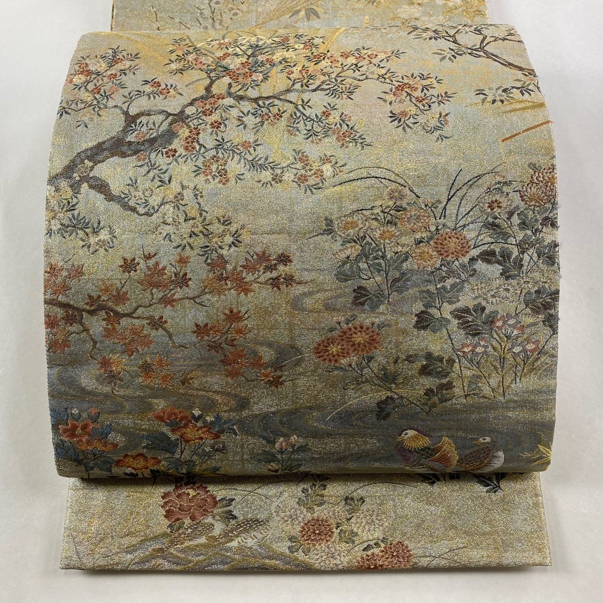 丸帯 桃山扇面屏風文 花鳥 箔 金糸 銀色 お太鼓柄 正絹