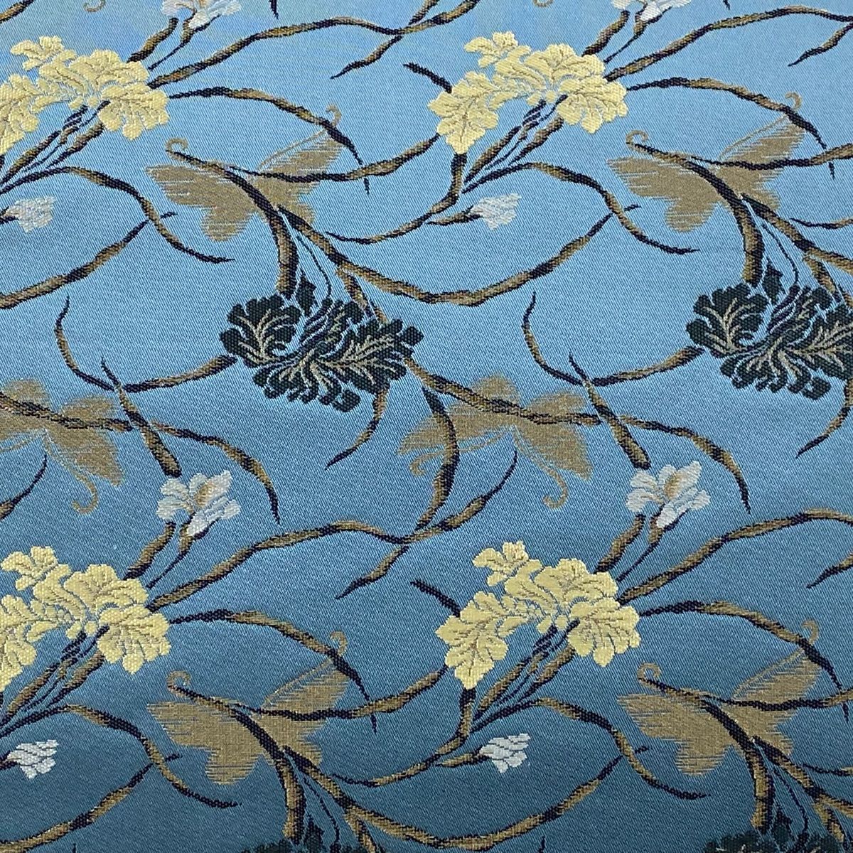 袋帯 菱屋善兵衛 落款 草花 蝶 金糸 青灰色 六通 正絹