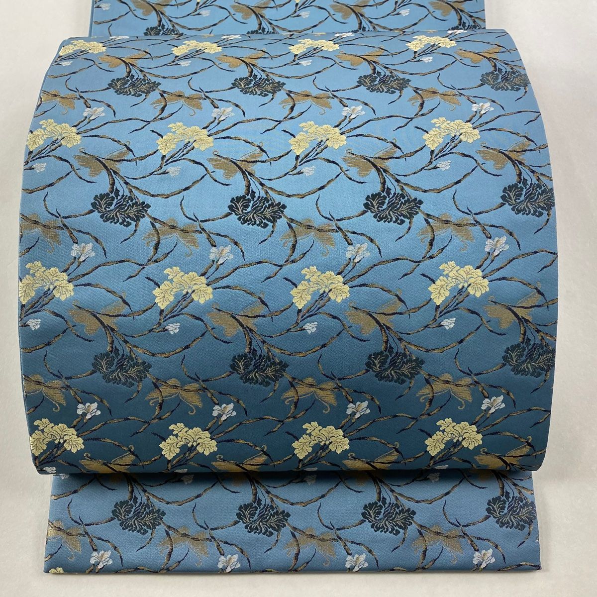 袋帯 菱屋善兵衛 落款 草花 蝶 金糸 青灰色 六通 正絹