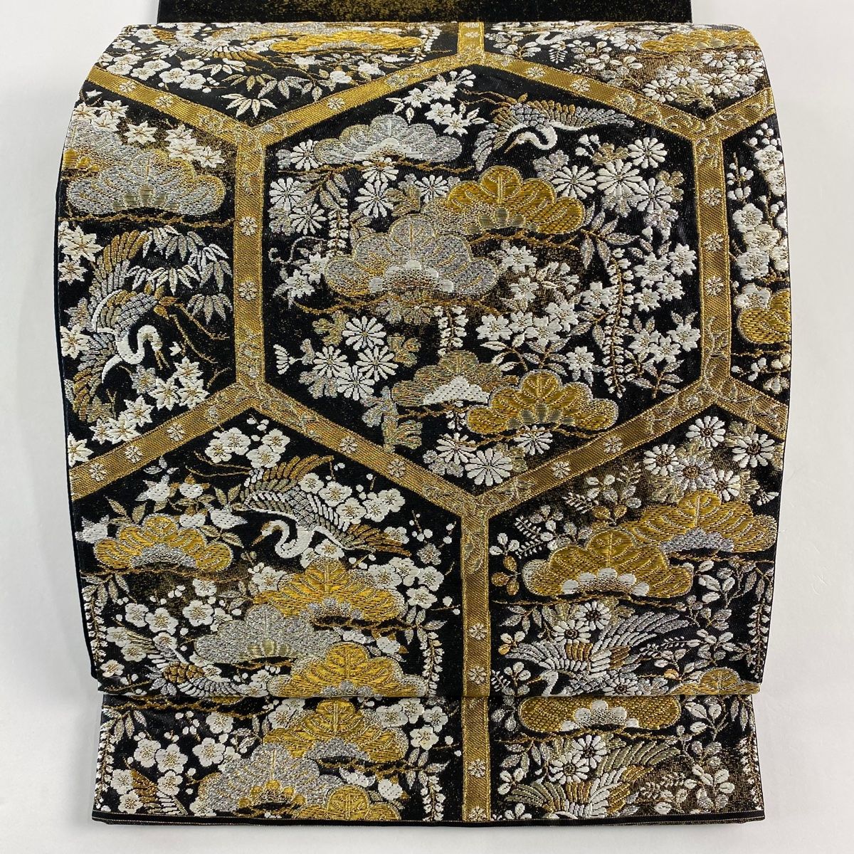 袋帯 河村織物 落款 亀甲松鶴文 金銀糸 箔 黒 六通 正絹