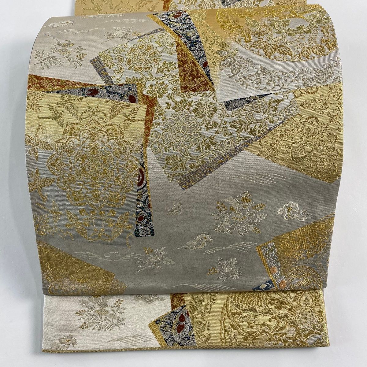 袋帯 落款 織匠十一代目 篠屋宗兵衛 色紙 華文 金銀糸 刺繍 銀色 六通 正絹