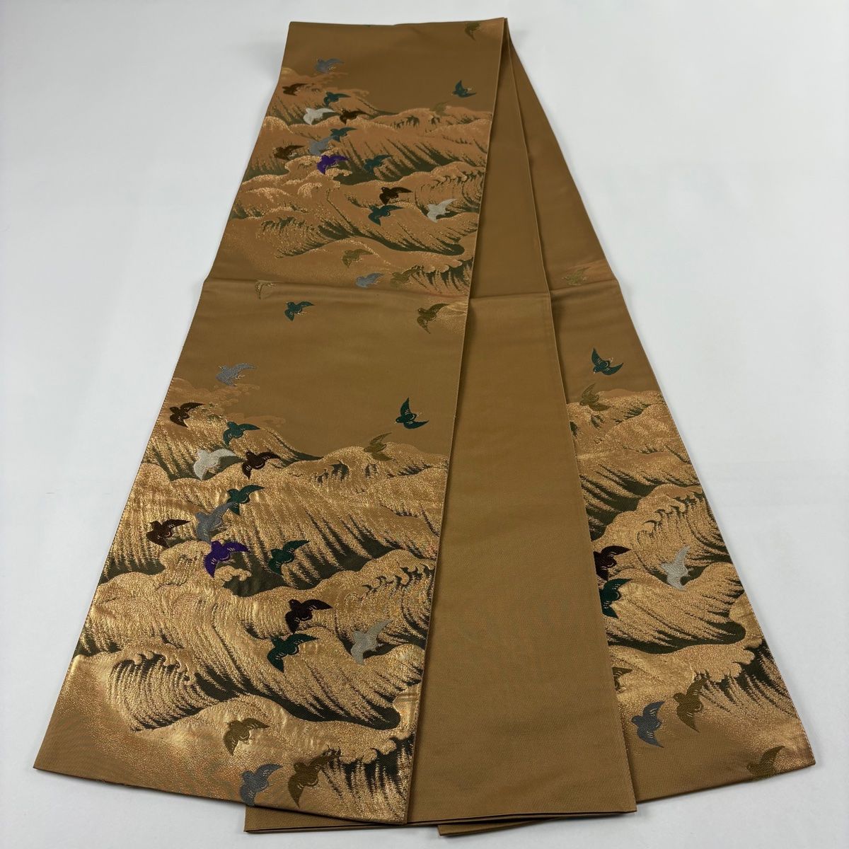  袋帯 花井幸子 落款 千鳥 波 箔 薄茶色 六通 正絹 袋帯 帯