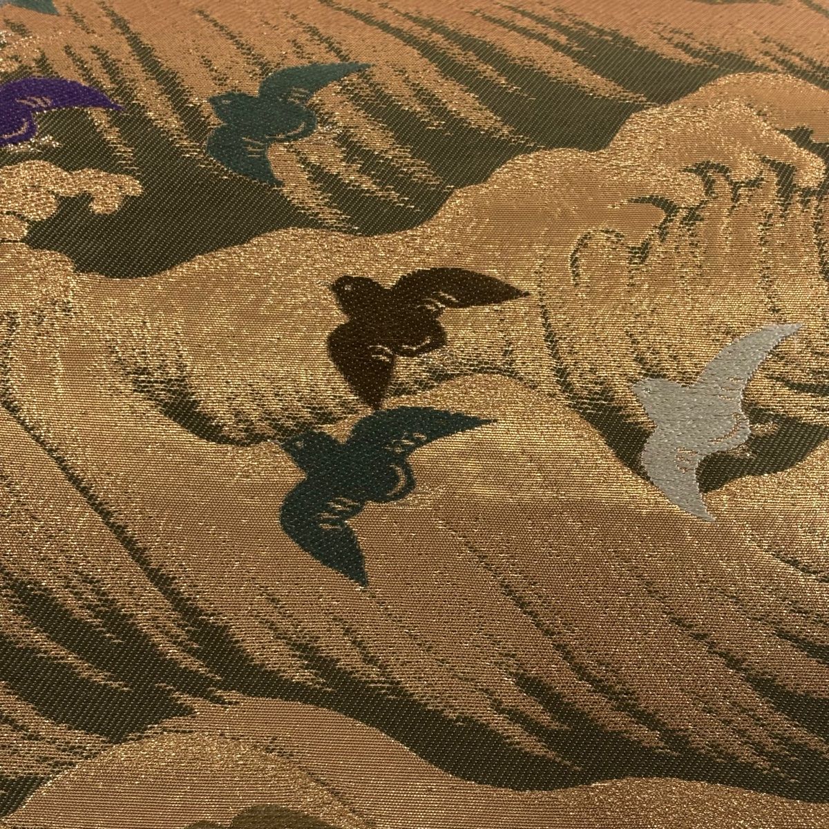 袋帯 花井幸子 落款 千鳥 波 箔 薄茶色 六通 正絹