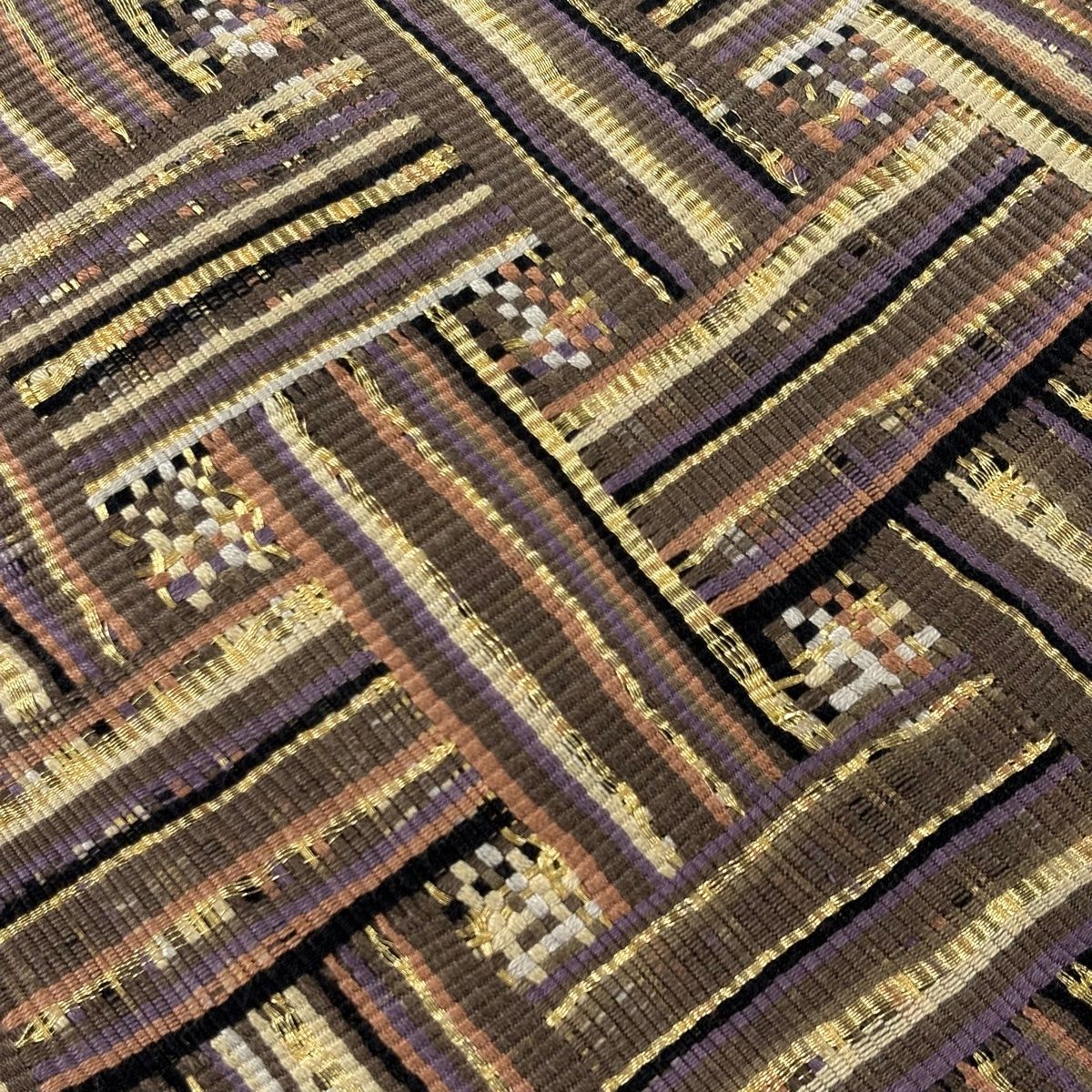 袋帯 斜め格子 幾何学 金糸 茶色 お太鼓柄 正絹