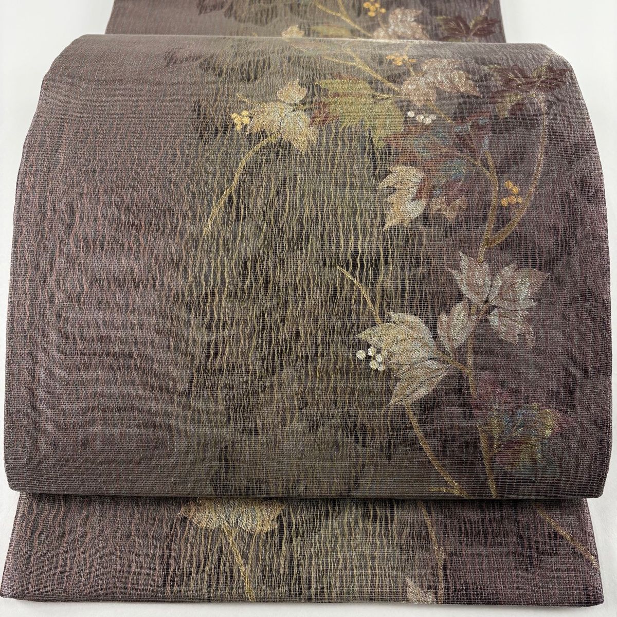 袋帯 葉と実 箔 金銀糸 灰紫 六通 正絹