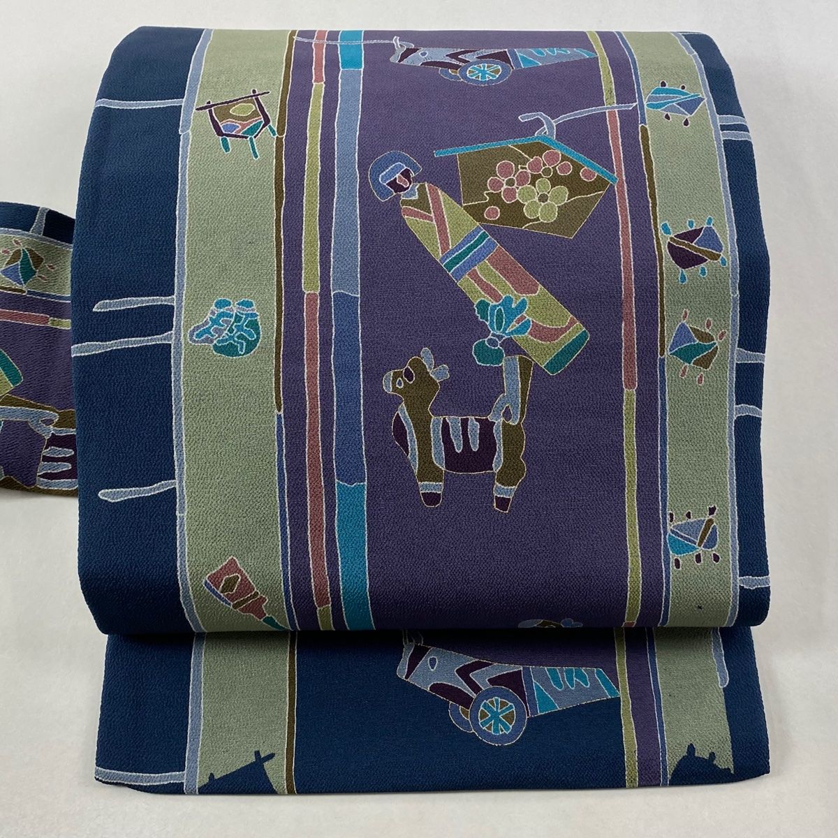 名古屋帯 玩具 縞 金彩 縮緬 紫 正絹