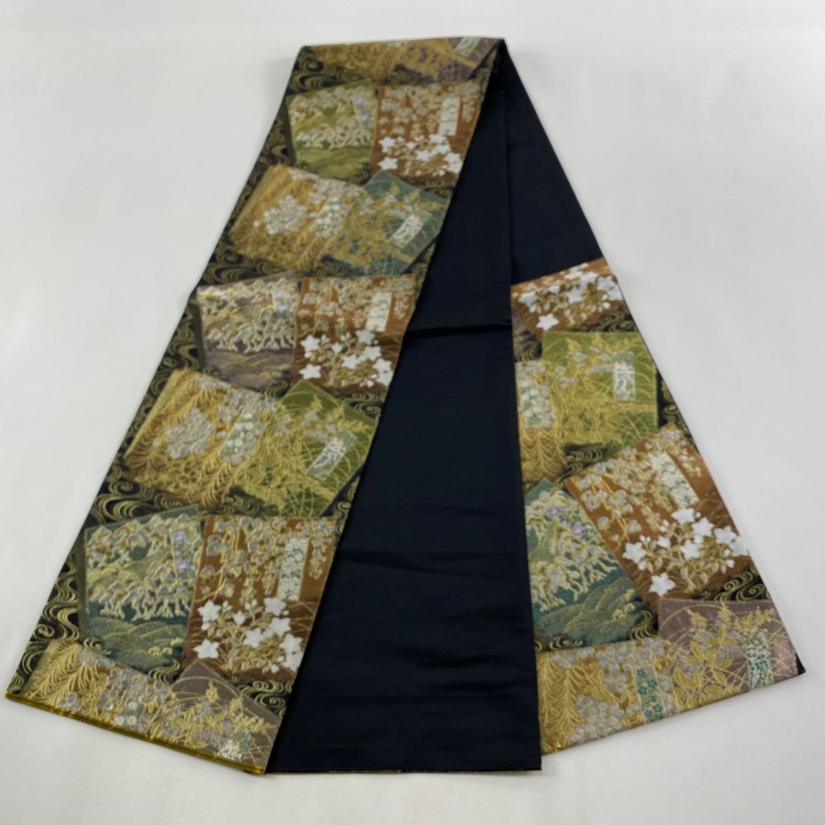  袋帯 色紙 草花 金銀糸 箔 黒 六通 正絹 袋帯 帯
