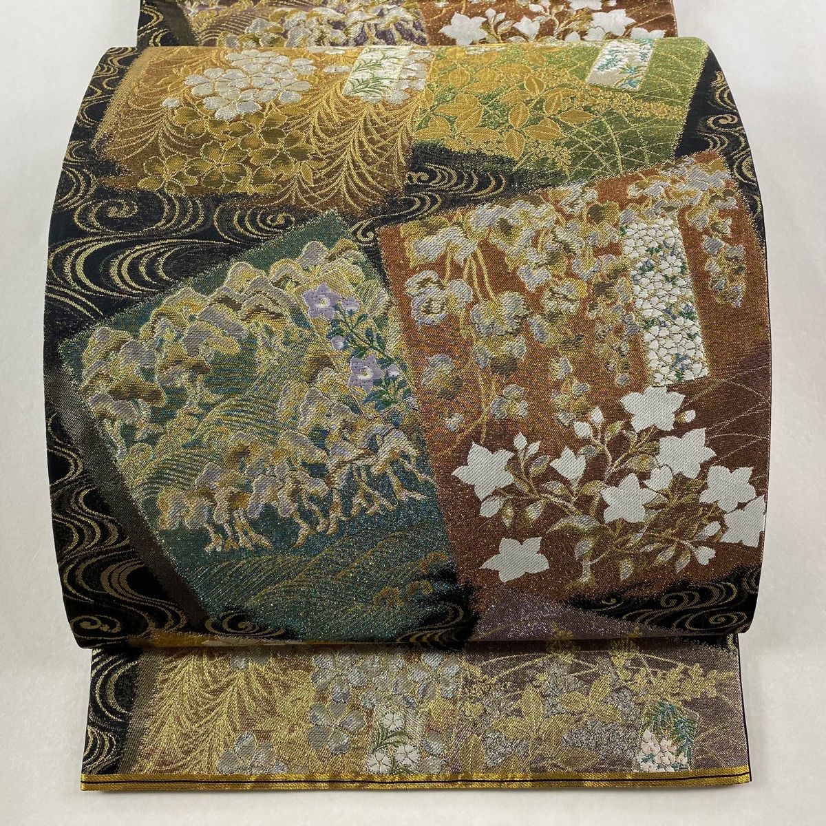 袋帯 色紙 草花 金銀糸 箔 黒 六通 正絹