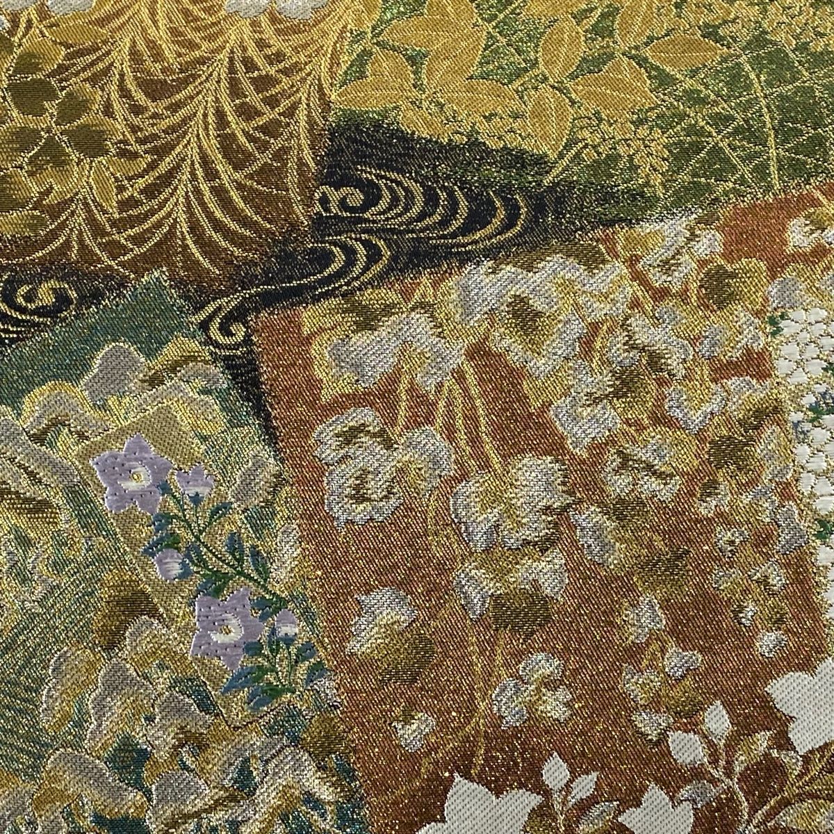 袋帯 色紙 草花 金銀糸 箔 黒 六通 正絹