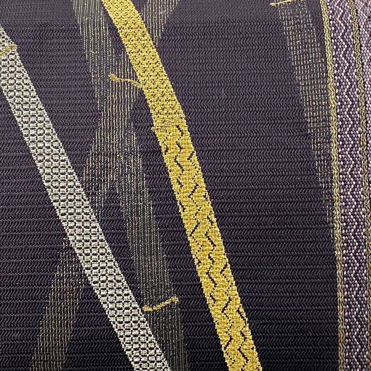 袋帯 誉田屋源兵衛 落款 竹 縞模様 金銀糸 箔 濃紫 お太鼓柄 正絹