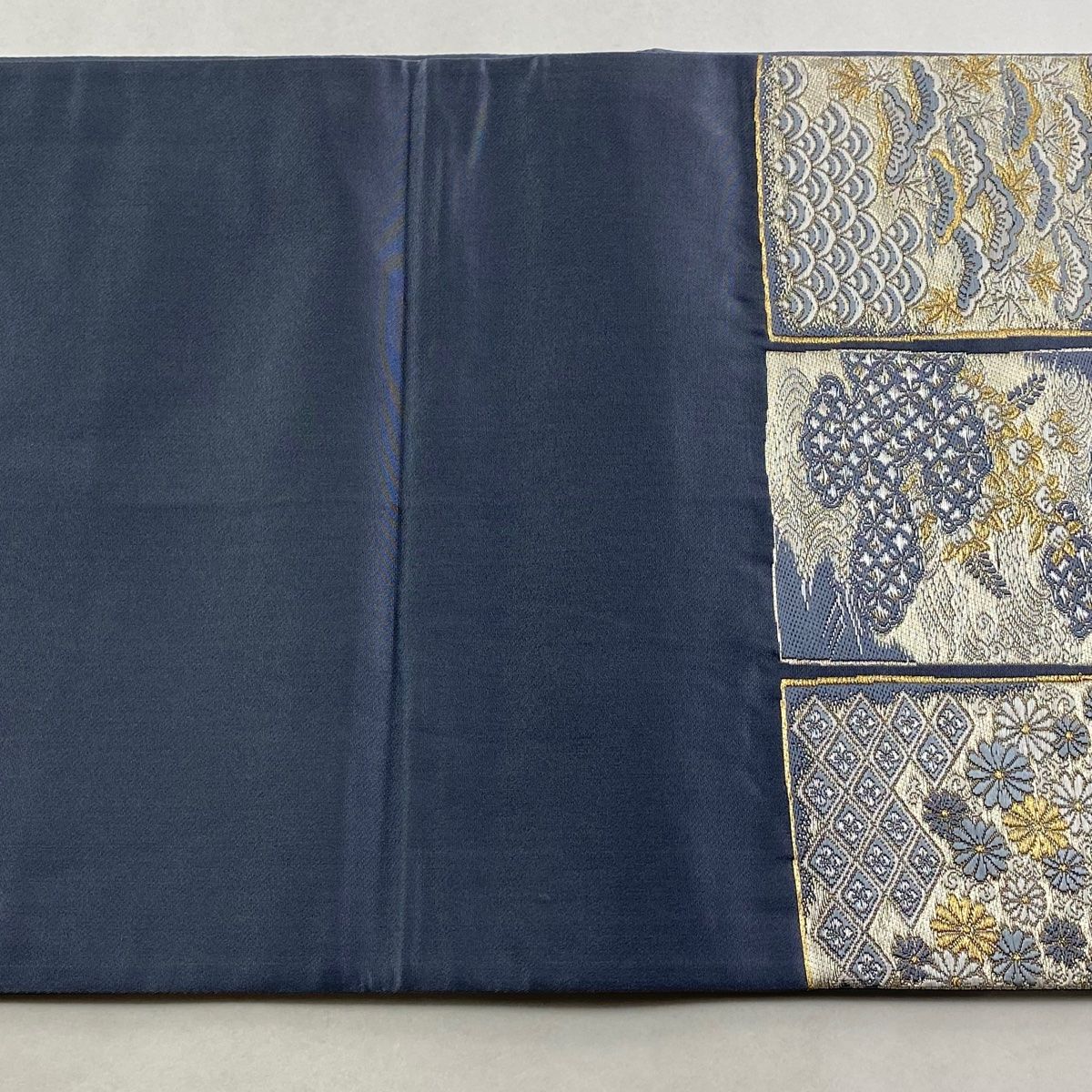  袋帯 加納幸 落款 草花 宝尽くし 金糸 銀糸 青灰色 六通 正絹 袋帯 帯