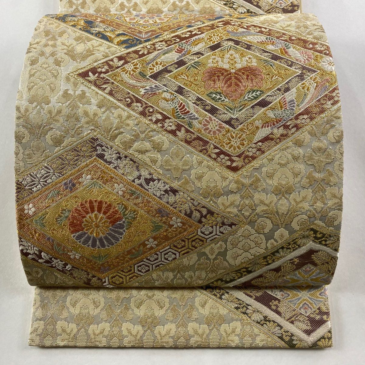 袋帯 菱文 桐竹鳳凰 金糸 箔 銀色 六通 正絹