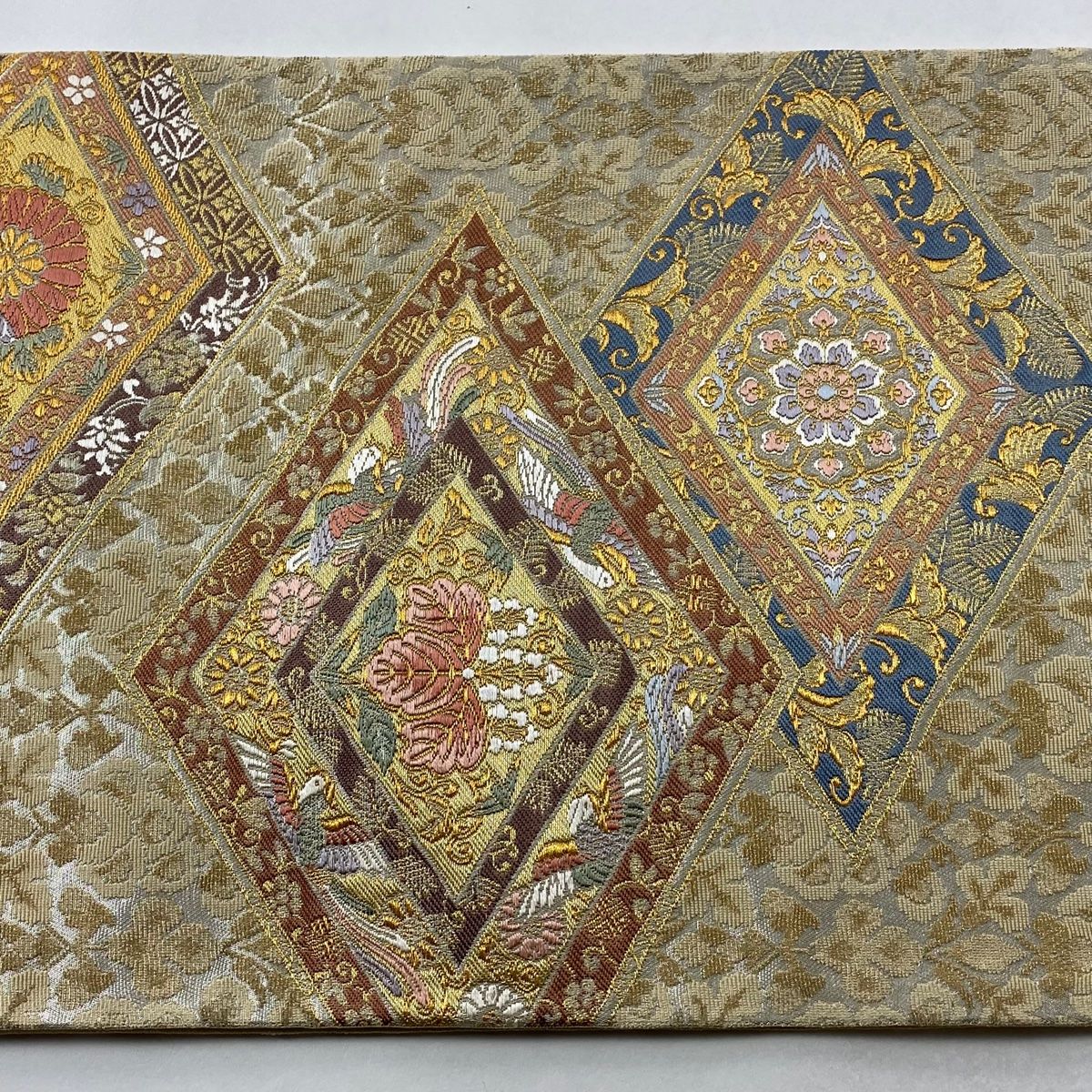  袋帯 菱文 桐竹鳳凰 金糸 箔 銀色 六通 正絹 袋帯 帯