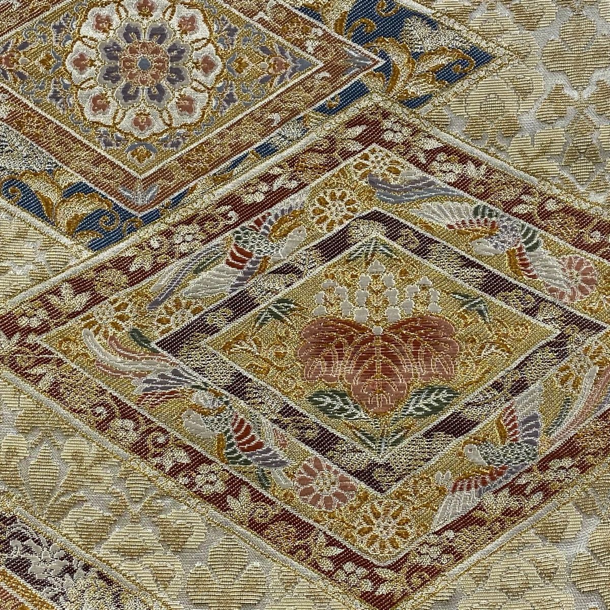 袋帯 菱文 桐竹鳳凰 金糸 箔 銀色 六通 正絹