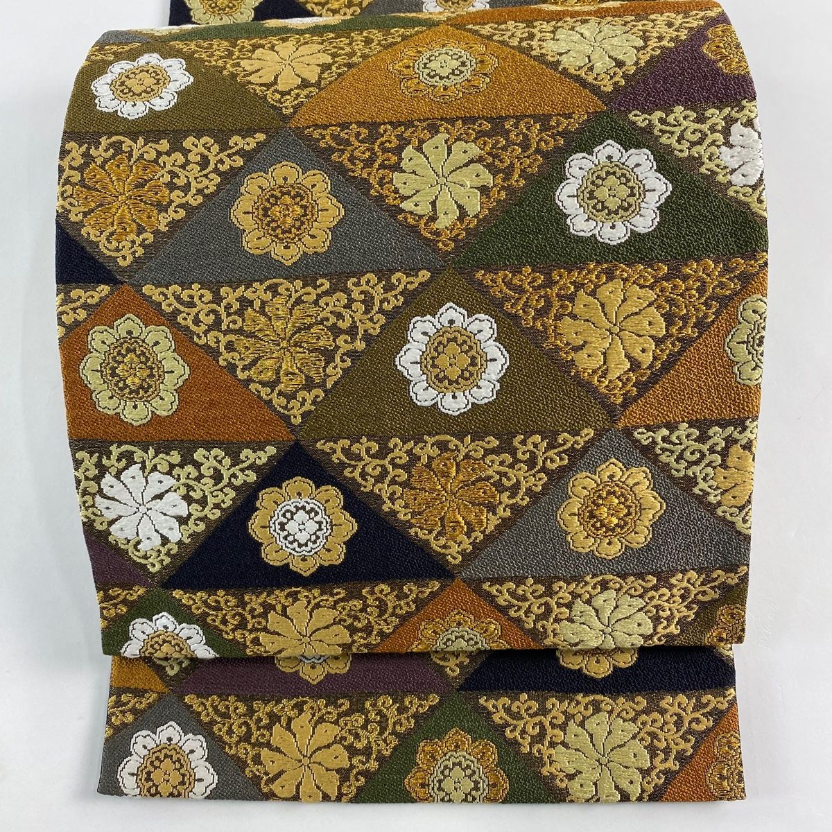 袋帯 花 鱗文 唐織 金糸 茶緑色 六通 正絹