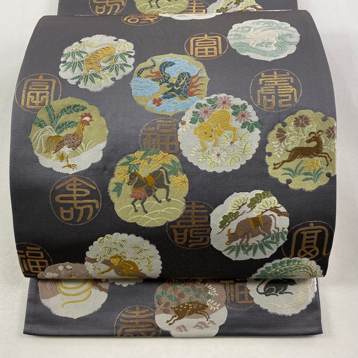 袋帯 十二支 文字文 唐織 箔 灰紫 六通 正絹