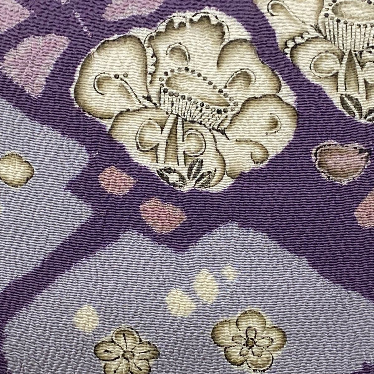 名古屋帯 大脇一心 落款 辻が花 縮緬 紫 正絹