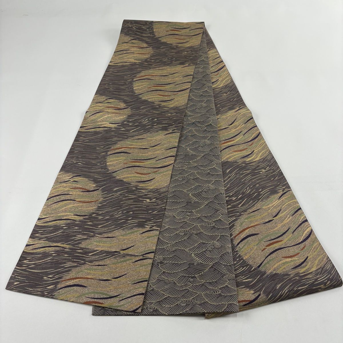  袋帯 落款 誠之輔 幾何学 箔 金糸 灰紫 全通 正絹 袋帯 帯