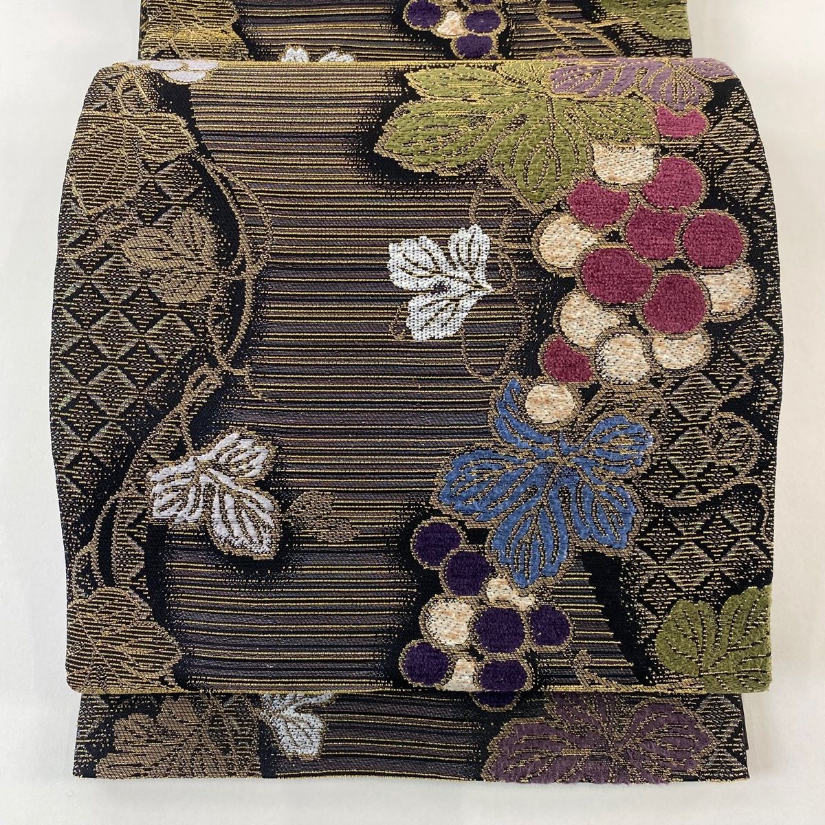 袋帯 葡萄 縞 金糸 灰紫 六通 正絹