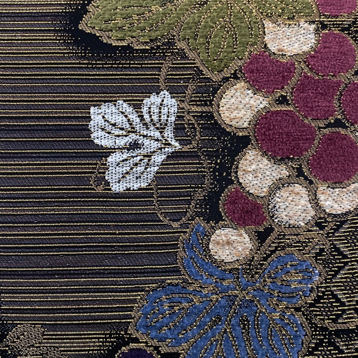 袋帯 葡萄 縞 金糸 灰紫 六通 正絹