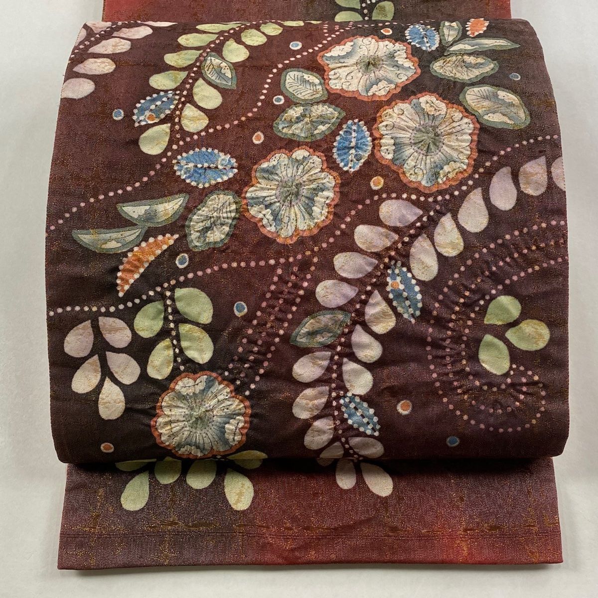 袋帯 落款 辻が花 金通し 茜色 お太鼓柄 正絹