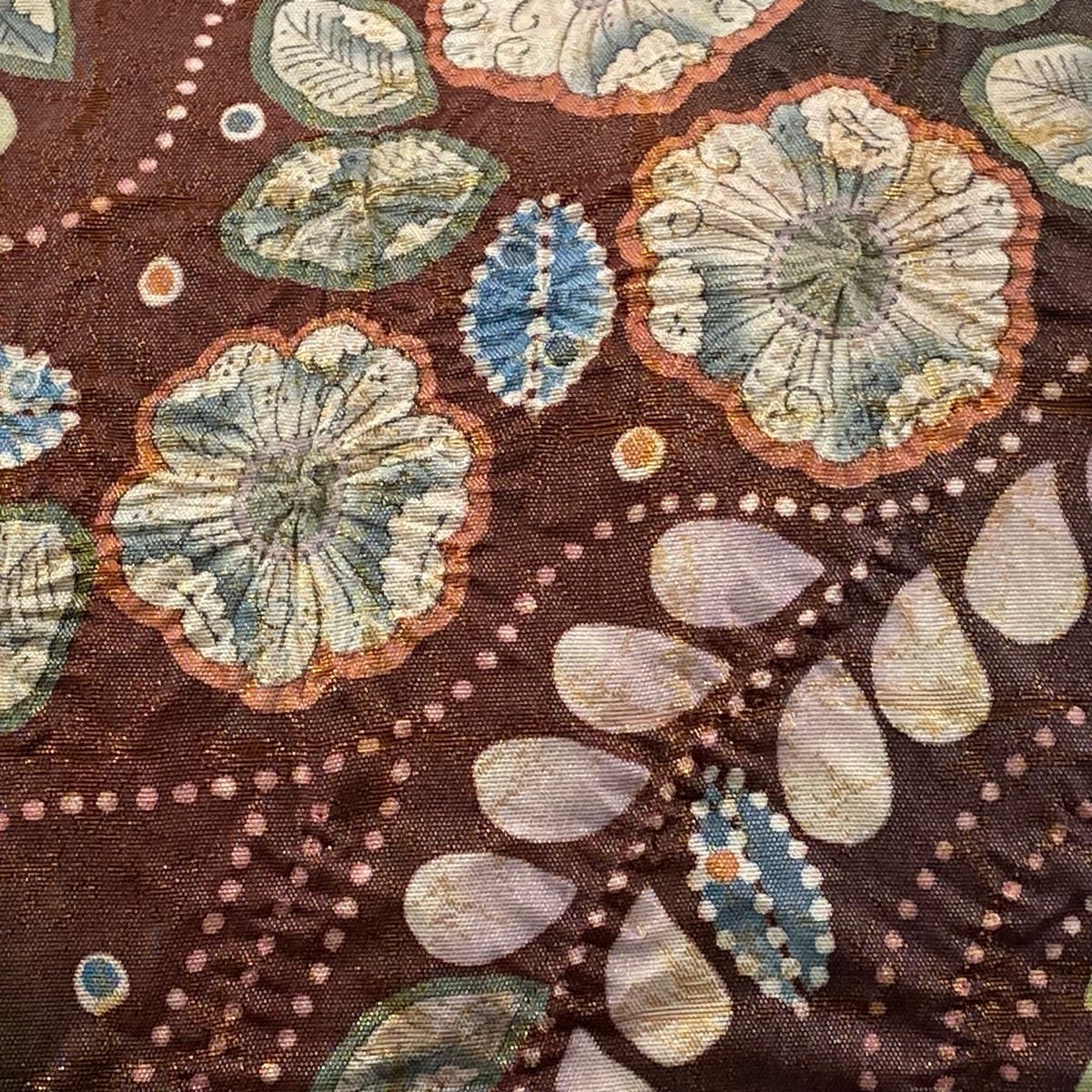 袋帯 落款 辻が花 金通し 茜色 お太鼓柄 正絹