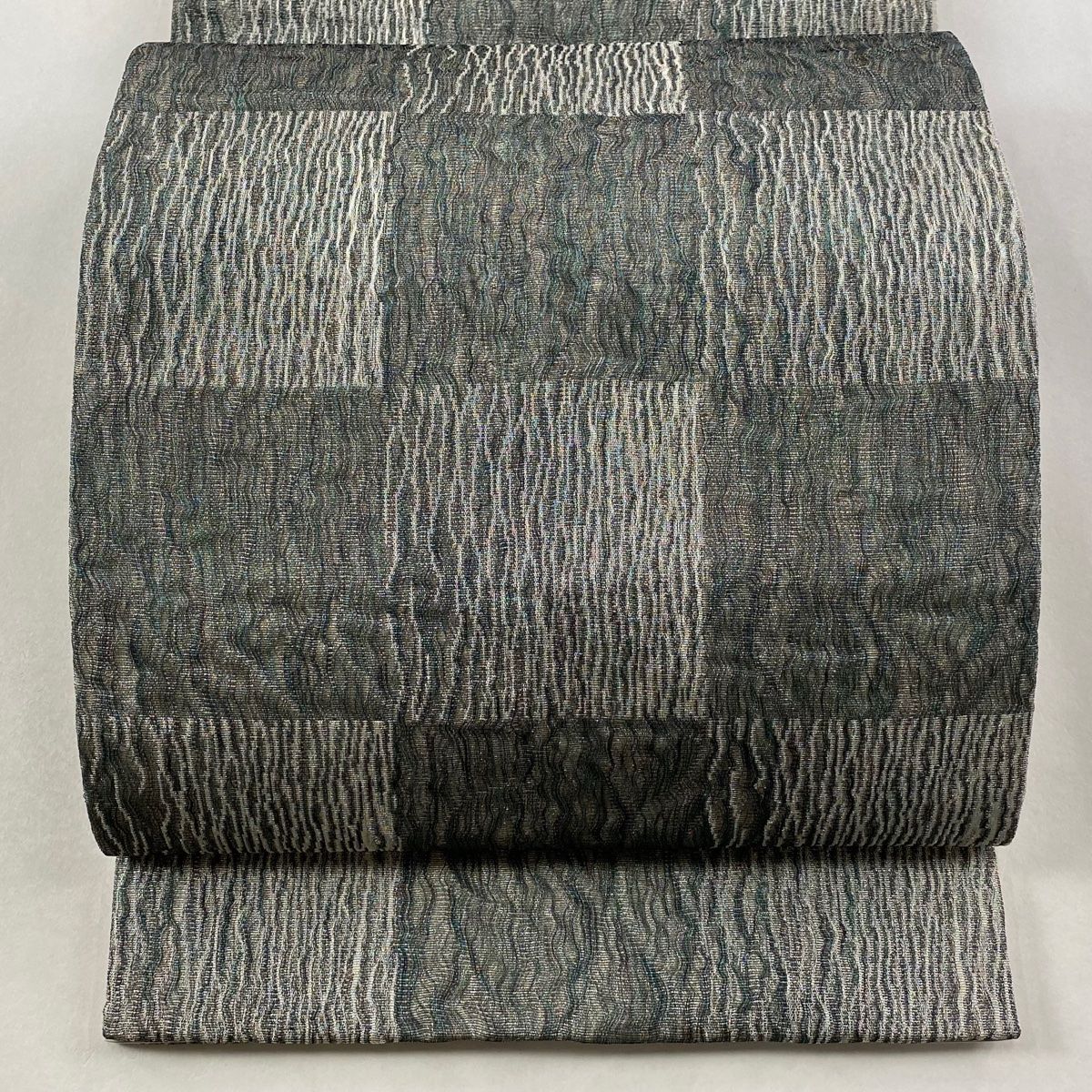 袋帯 市松 銀糸 ラメ糸 灰色 全通 正絹