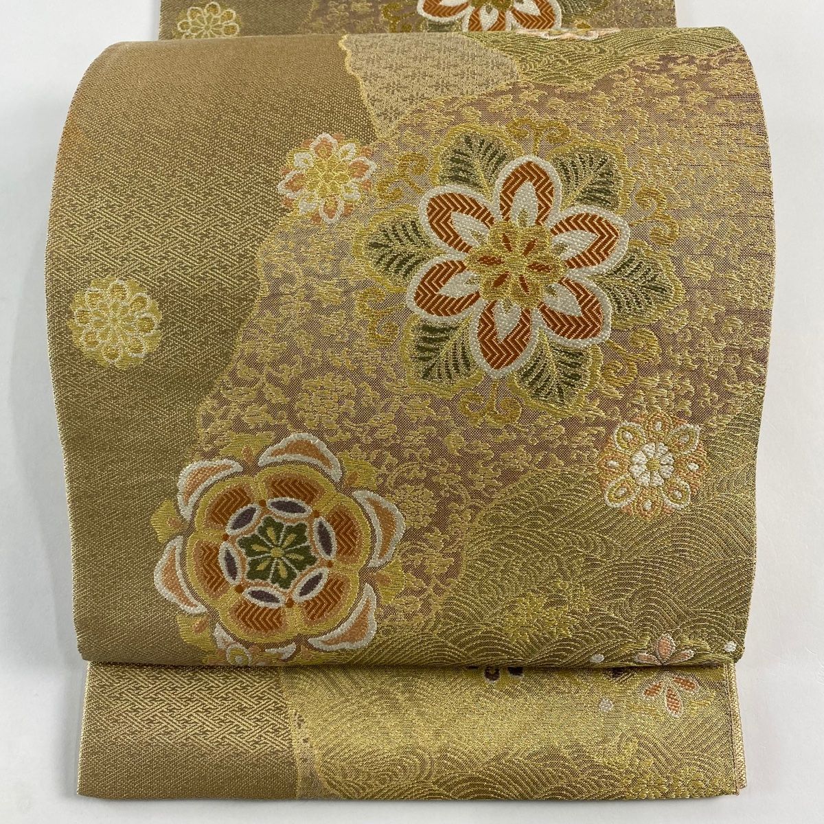 袋帯 華文 波 箔 薄黄 お太鼓柄 正絹
