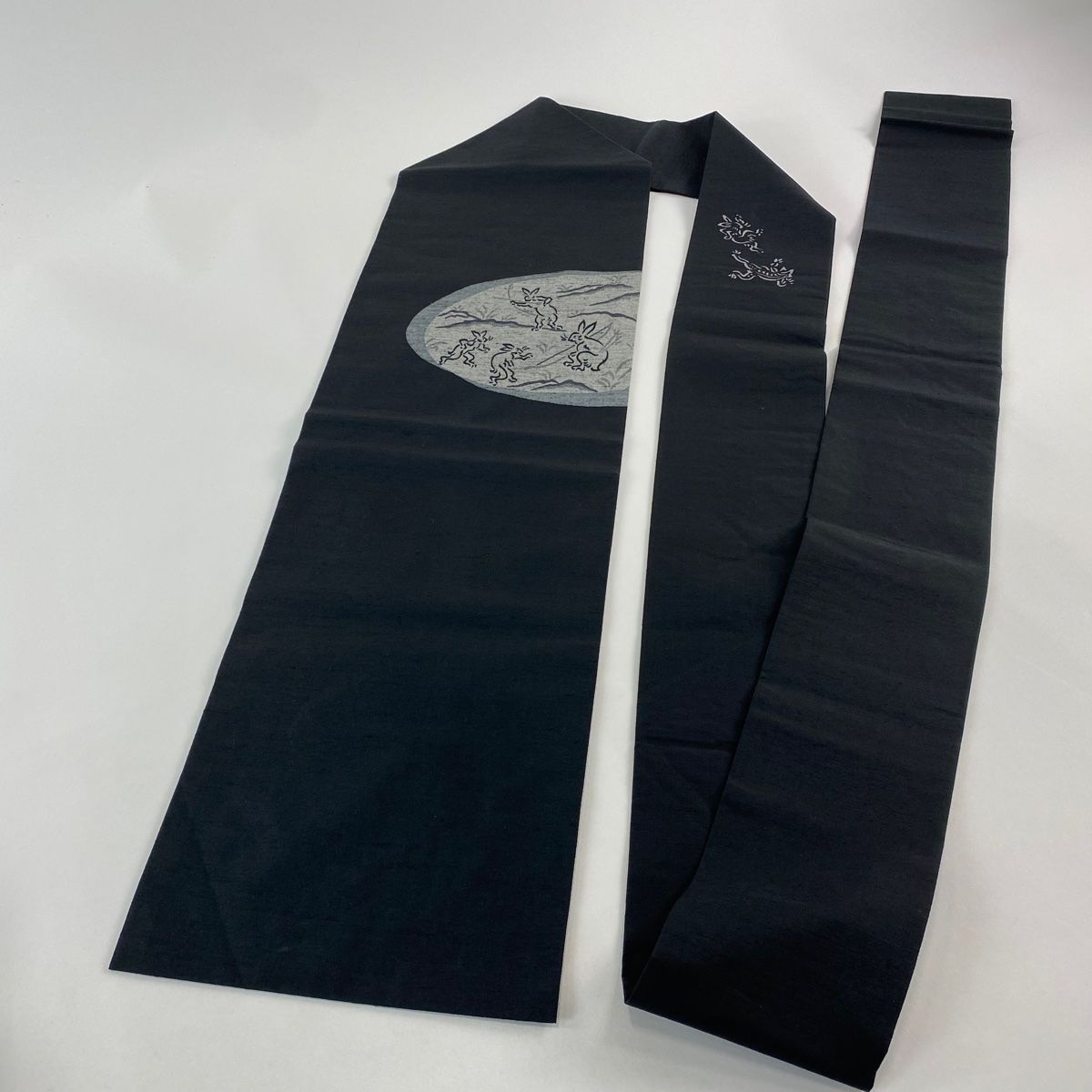  名古屋帯 紬地 鳥獣戯画 黒 正絹 名古屋帯 帯