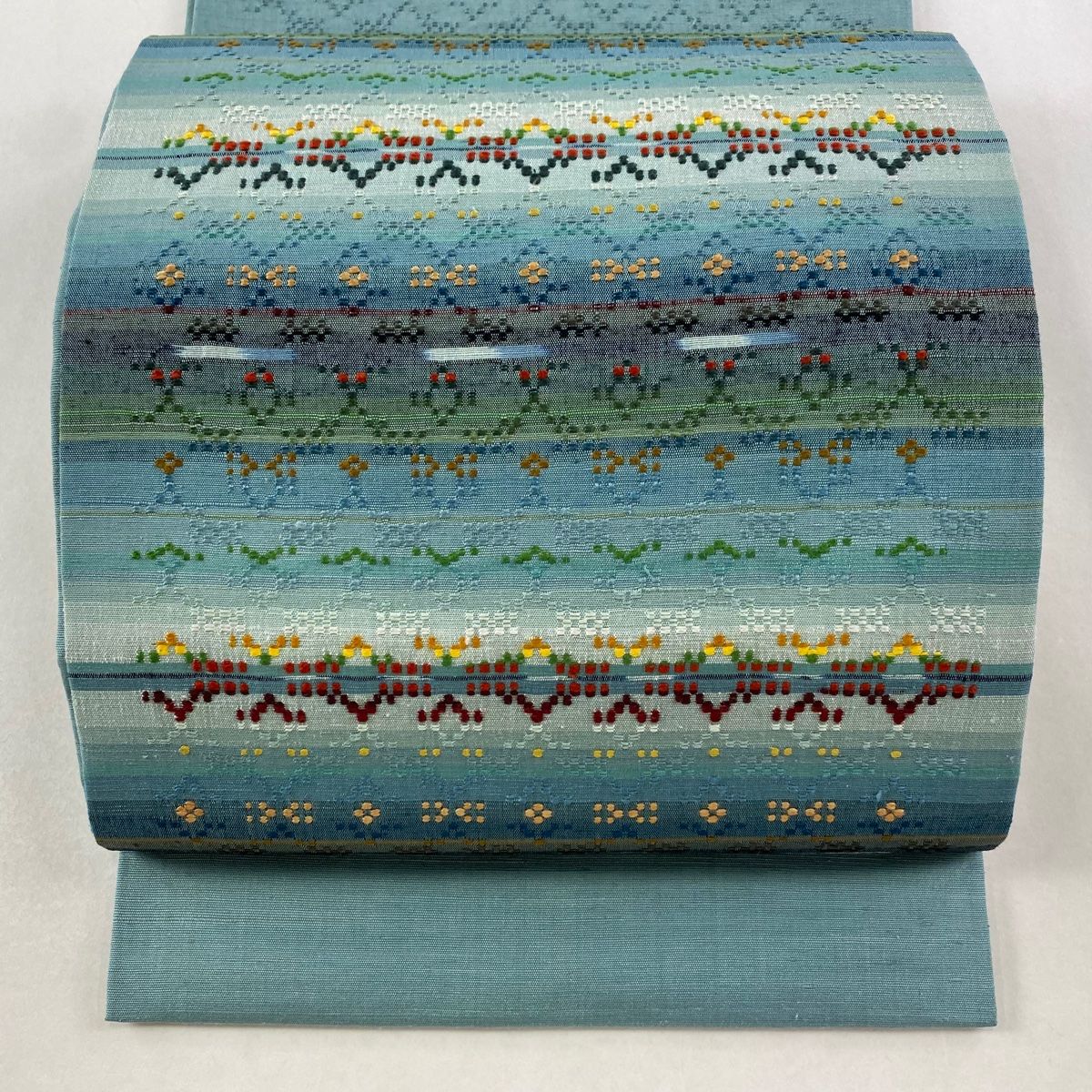 開き名古屋帯 証紙 首里織 縞 花織 青緑 正絹