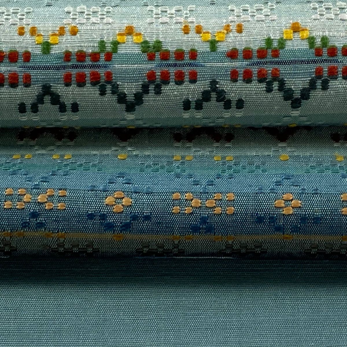  開き名古屋帯 証紙 首里織 縞 花織 青緑 正絹 名古屋帯 帯