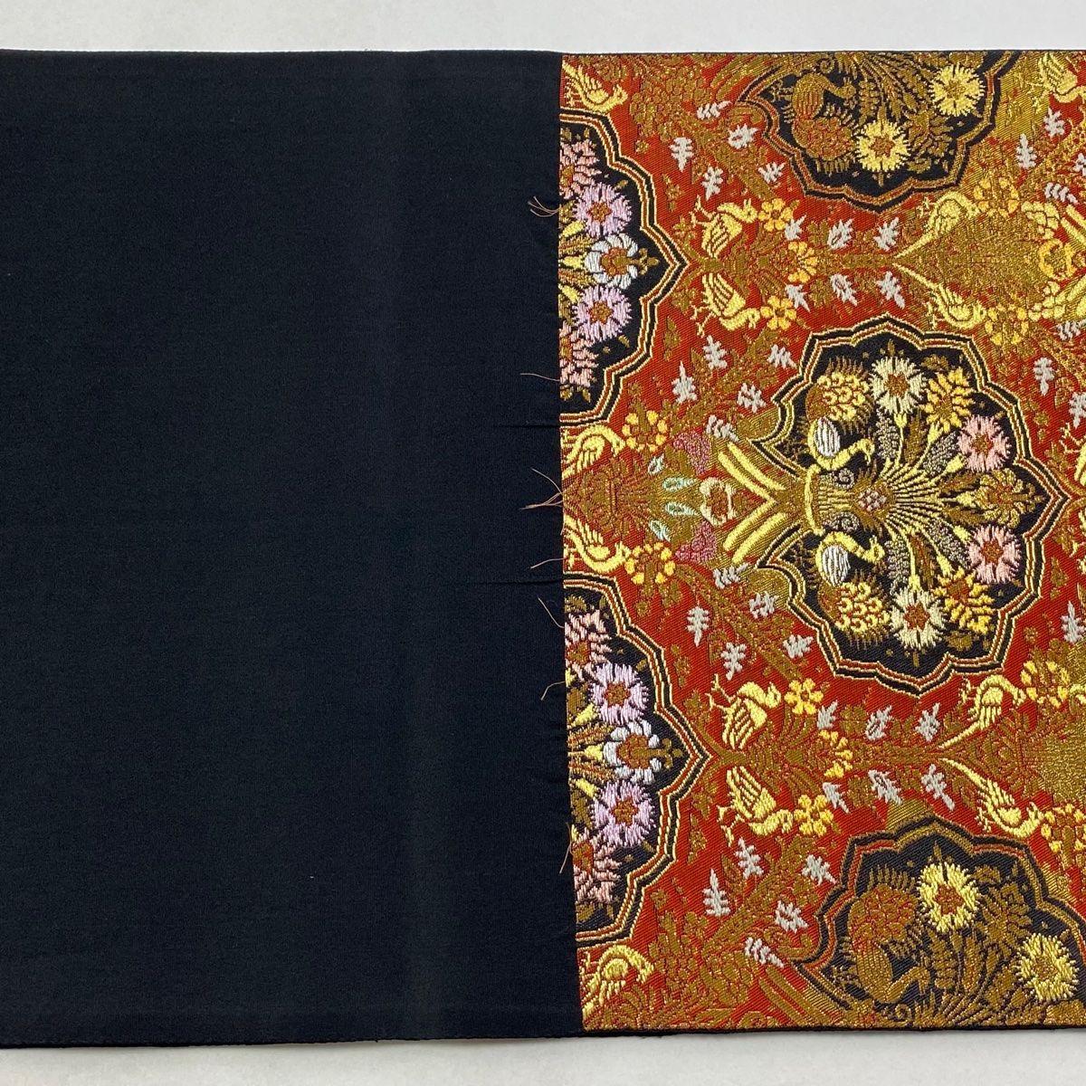  袋帯 洛陽織物 落款 本金箔 亀甲花鳥更紗文 金糸 朱色 六通 正絹 袋帯 帯