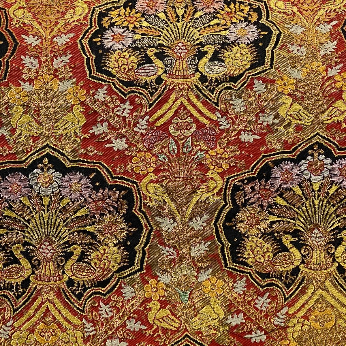 袋帯 洛陽織物 落款 本金箔 亀甲花鳥更紗文 金糸 朱色 六通 正絹