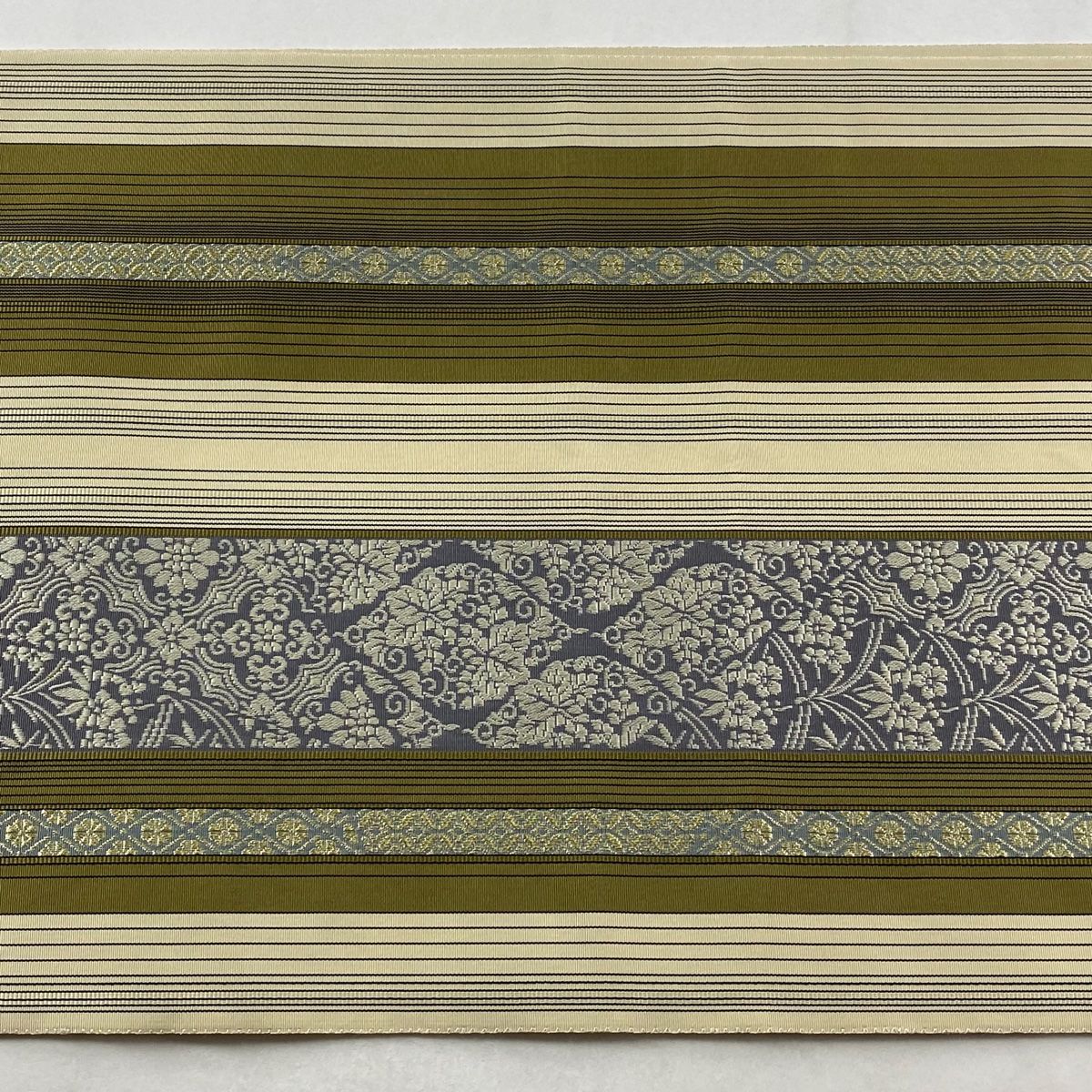  袋帯 リバーシブル 縞 華文 金糸 ベージュ 全通 正絹 袋帯 帯