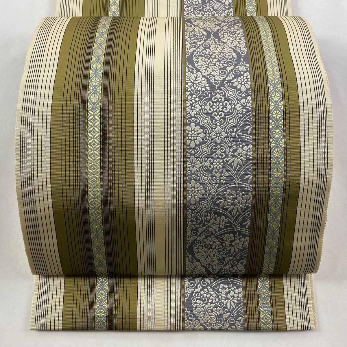 袋帯 リバーシブル 縞 華文 金糸 ベージュ 全通 正絹
