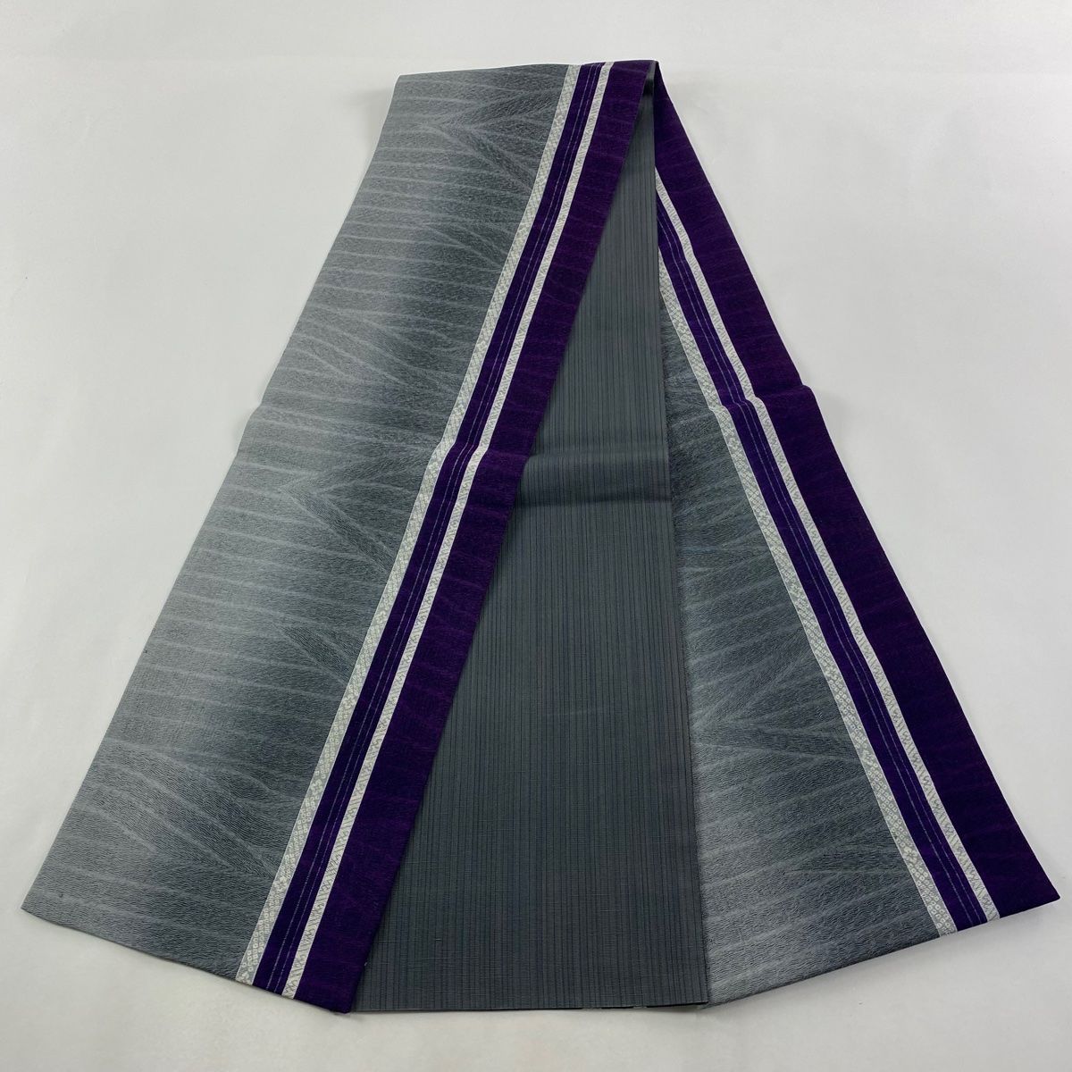  袋帯 やまと 縞 花 灰色 全通 正絹 袋帯 帯