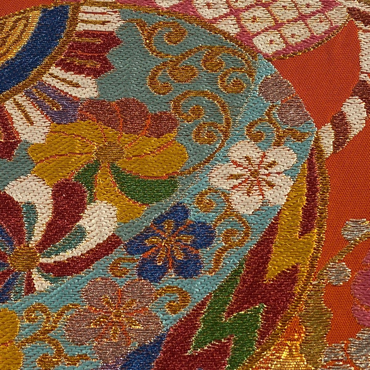 袋帯 落款 環美術織物 秀麗鈴熨斗文 箔 オレンジ 六通 正絹