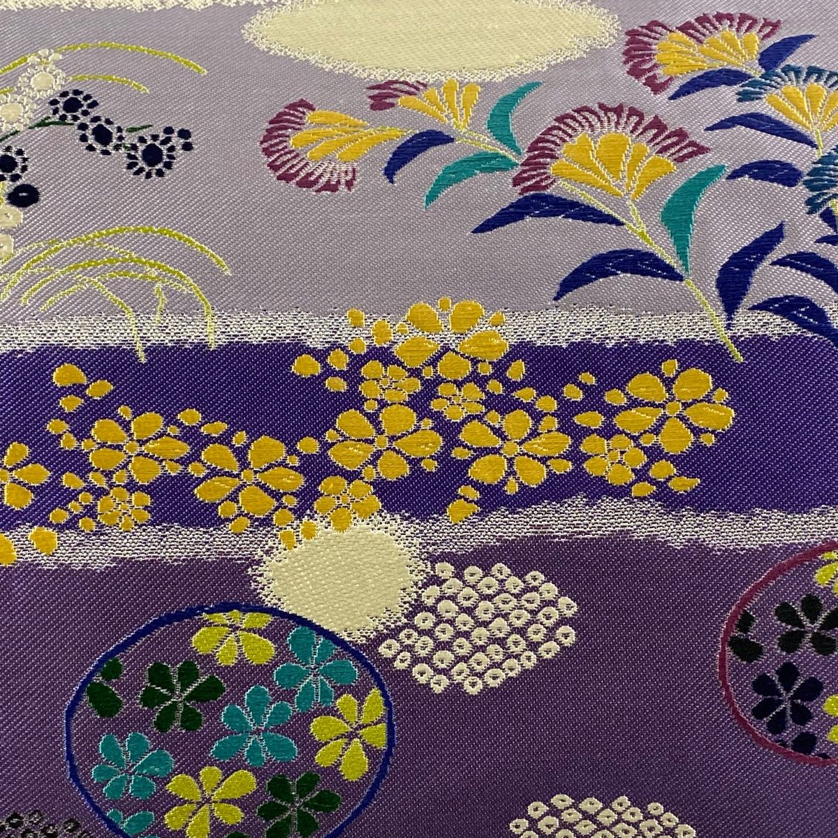 袋帯 草花 段縞 唐織 紫 六通 正絹