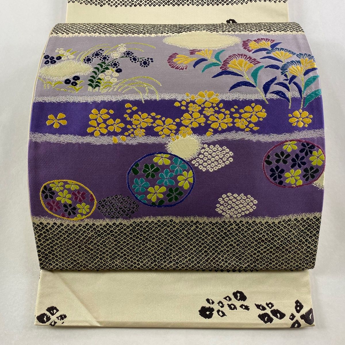 袋帯 名品 草花 段縞 唐織 紫 六通 正絹 【中古】 - メルカリ