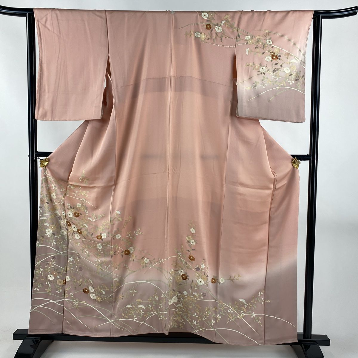 訪問着 身丈156 5 cm 裄丈64 M 袷 菊 萩 金彩 ぼかし ピンク 正絹 秀品 一つ紋