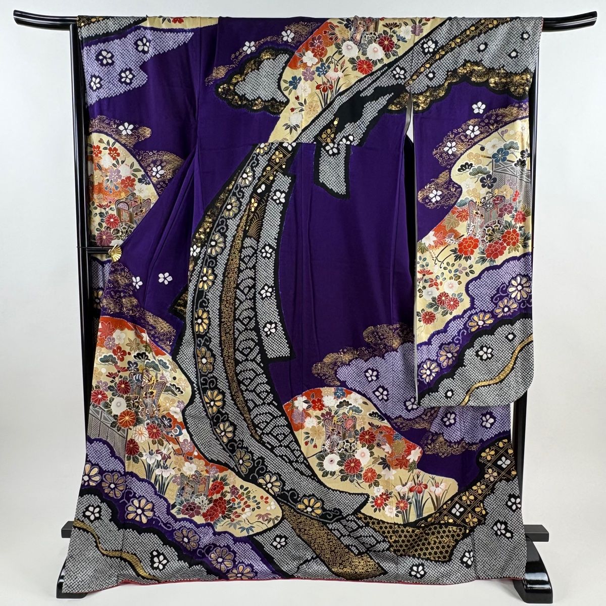 振袖 身丈170 cm 裄丈69 L 袷 御所車 草花 絞り 金糸 紫 正絹 秀品
