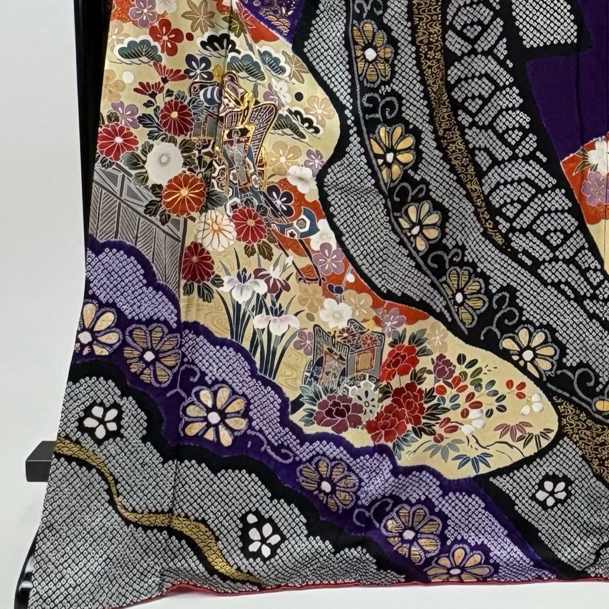 振袖 身丈170 cm 裄丈69 L 袷 御所車 草花 絞り 金糸 紫 正絹 秀品