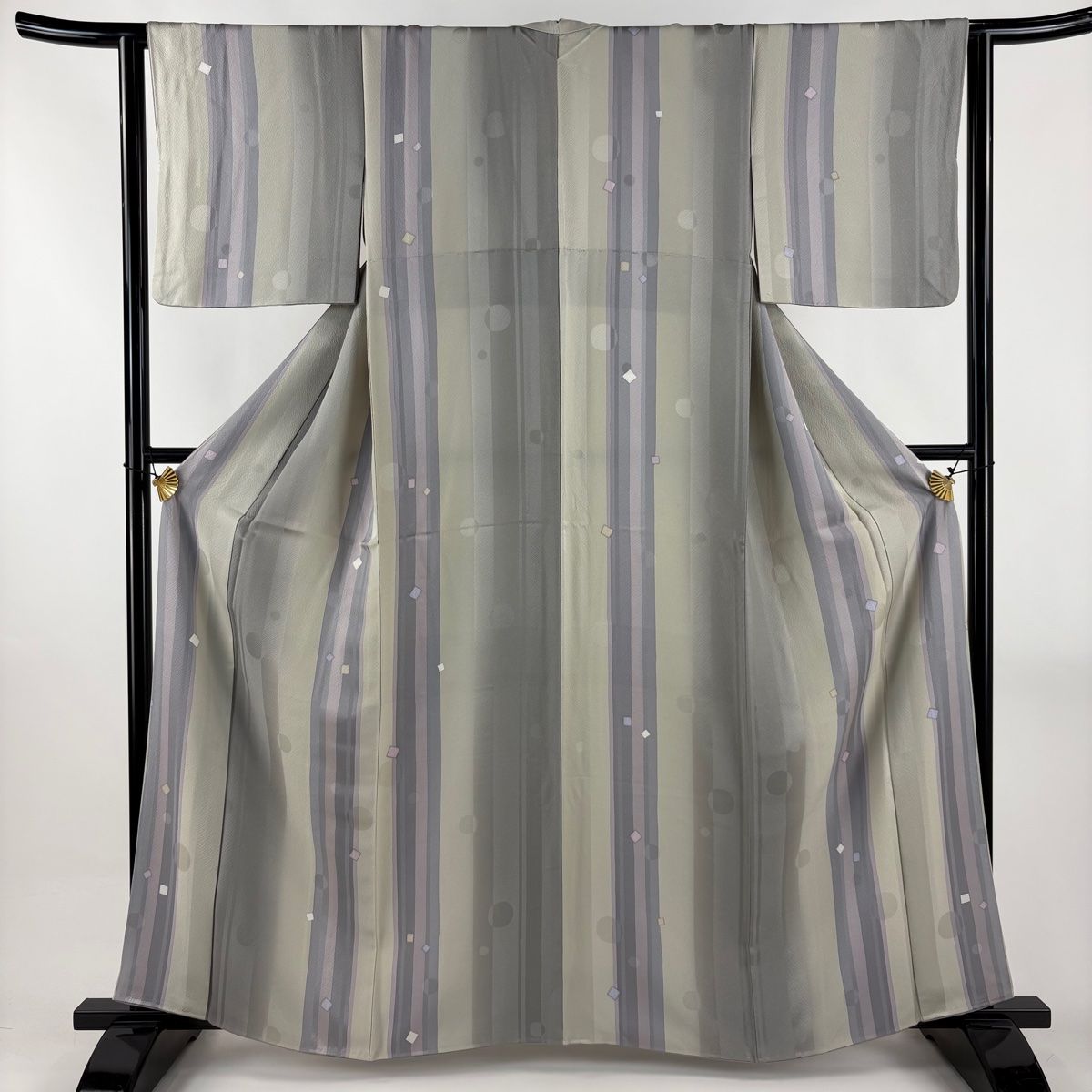 小紋 身丈159 5 cm 裄丈63 S 袷 縞 四角 灰緑 正絹 秀品